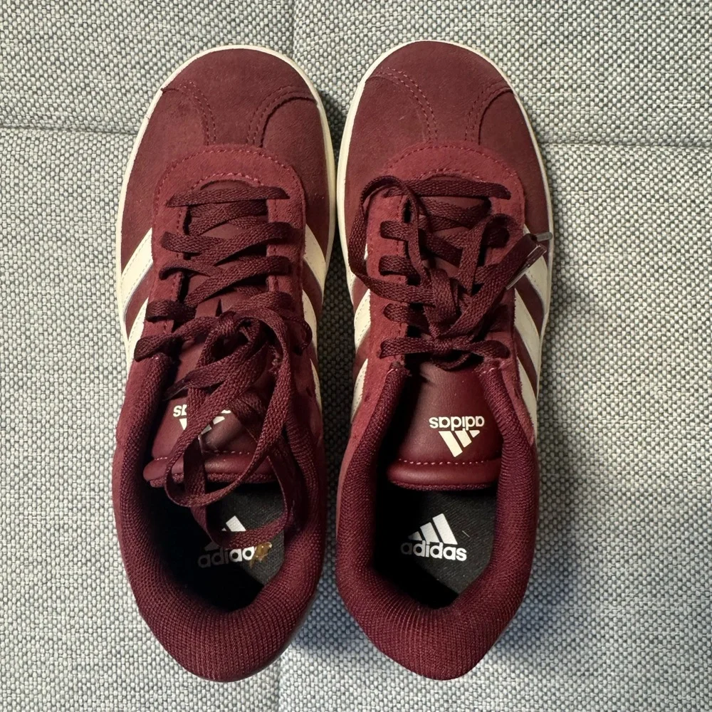 adidas kids size 3 Burgundy Suede Sneakers with White Stripes - Picture 1 of 5